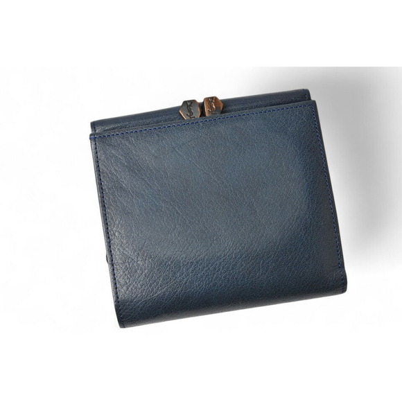 Yves Saint Laurent Tri Fold Wallet Leather YSL Navy Blue Brown - Picture 3 of 12